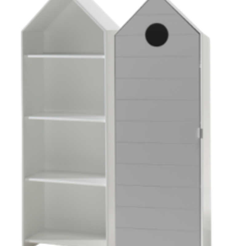 Casami avec 2 armoires: 1 armoire avec une porte en gris et 1 armoire sans porte