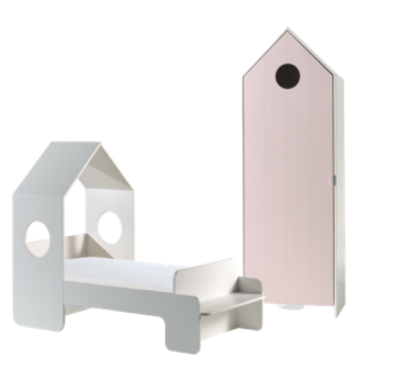 Casami lot avec un lit junior (70x140cm) et une armoire avec une porte en rose