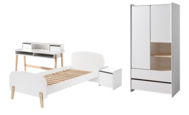 Kiddy lot avec lit (90x200cm) avec chevet, armoire 2 portes et bureau en blanc