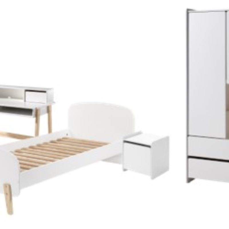 Kiddy lot avec lit (90x200cm) avec chevet, armoire 2 portes et bureau en blanc