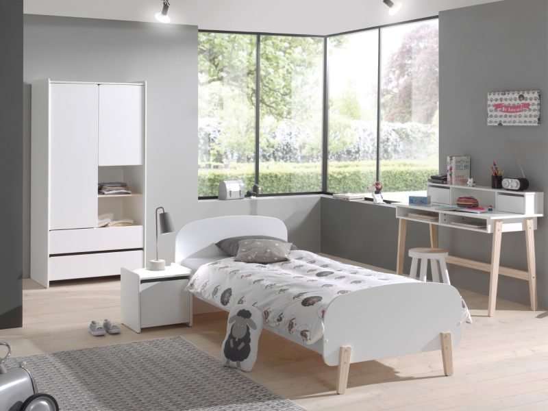 Kiddy lot avec lit (90x200cm) avec chevet, armoire 2 portes et bureau en blanc - Image 2