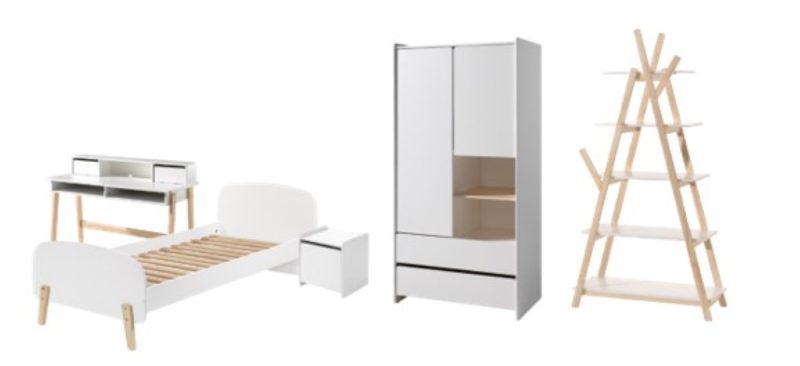 Kiddy lot avec lit (90x200cm), chevet, armoire 2 portes, bureau et bibliothèque