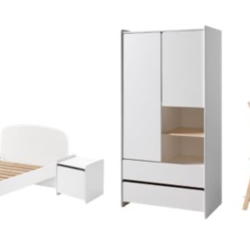 Kiddy lot avec lit (90x200cm), chevet, armoire 2 portes, bureau et bibliothèque