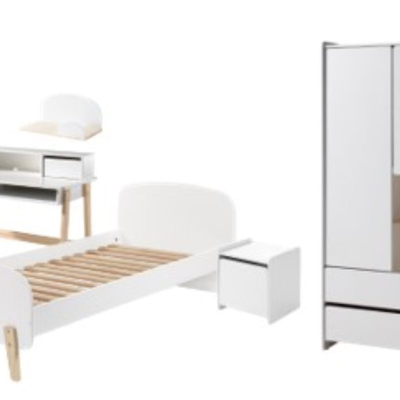Kiddy lot avec lit (90x200cm) avec chevet, armoire 2 portes, bureau et étagère (45 cm) en blanc