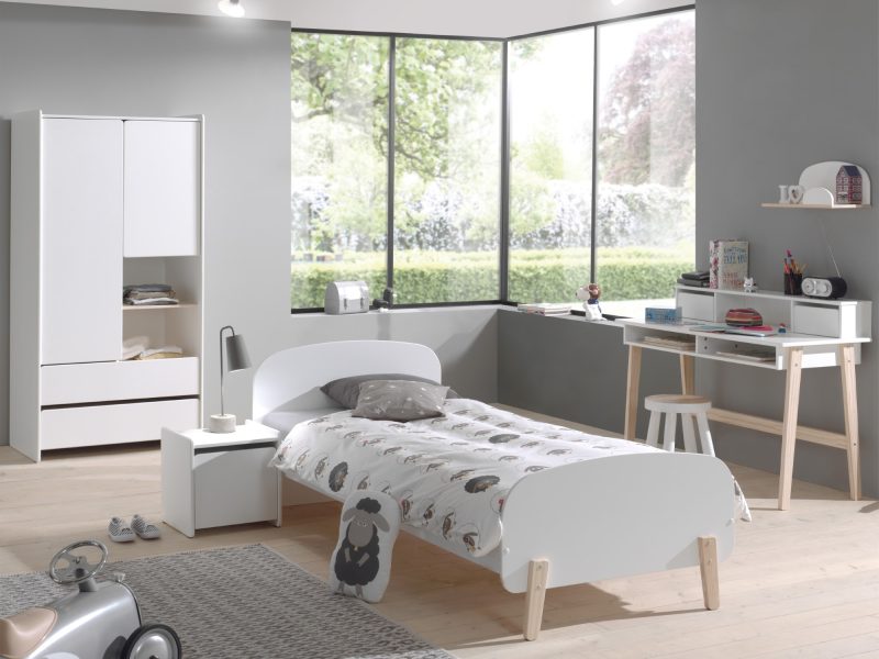 Kiddy lot avec lit (90x200cm) avec chevet, armoire 2 portes, bureau et étagère (45 cm) en blanc - Image 2