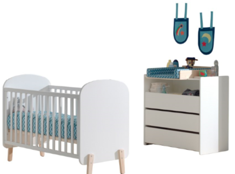 Kiddy lot avec un lit bébé (60x120cm) avec commode et plan à langer en blanc