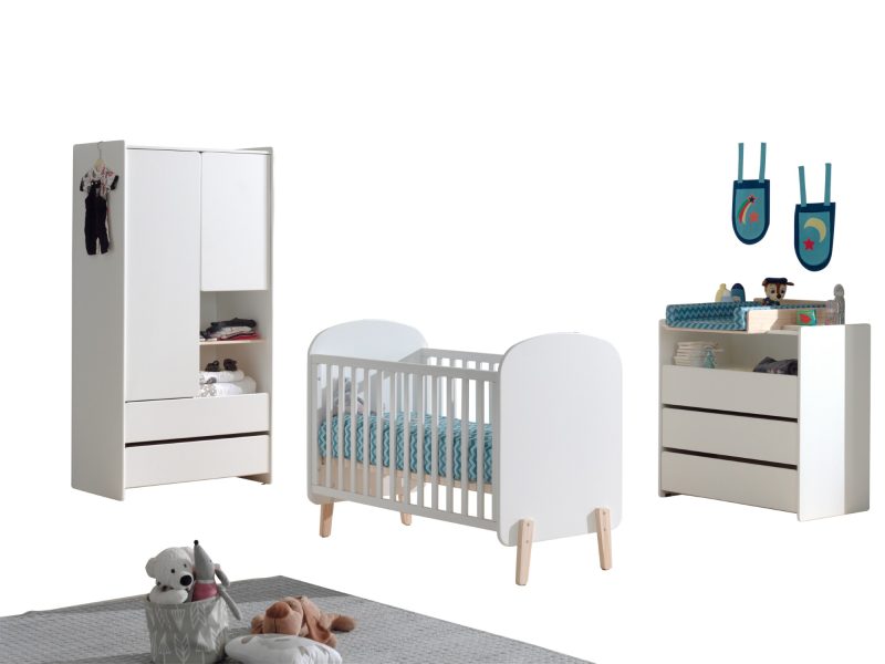 Kiddy lot avec lit bébé (60x120cm) , commode avec plan à langer et armoire 2 portes en blanc