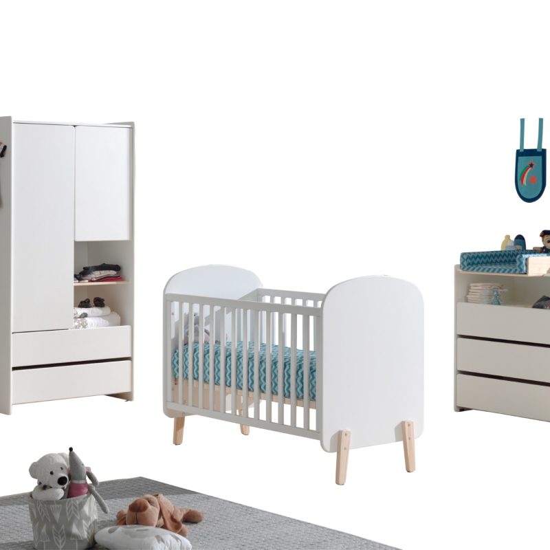 Kiddy lot avec lit bébé (60x120cm) , commode avec plan à langer et armoire 2 portes en blanc