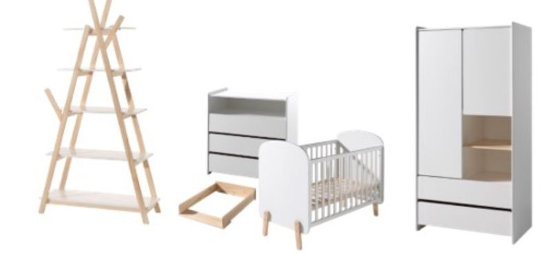 Kiddy lot avec lit bébé (60x120cm) , commode avec plan à langer, armoire 2 portes et bibliothèque en blanc