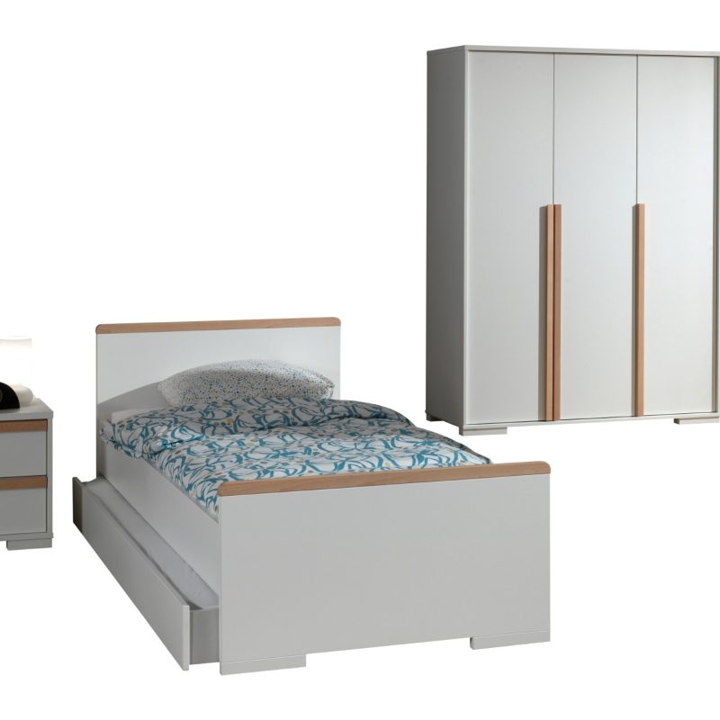 London lot avec lit (90x200cm) avec tiroir, chevet et garde-robe 3 portes en blanc