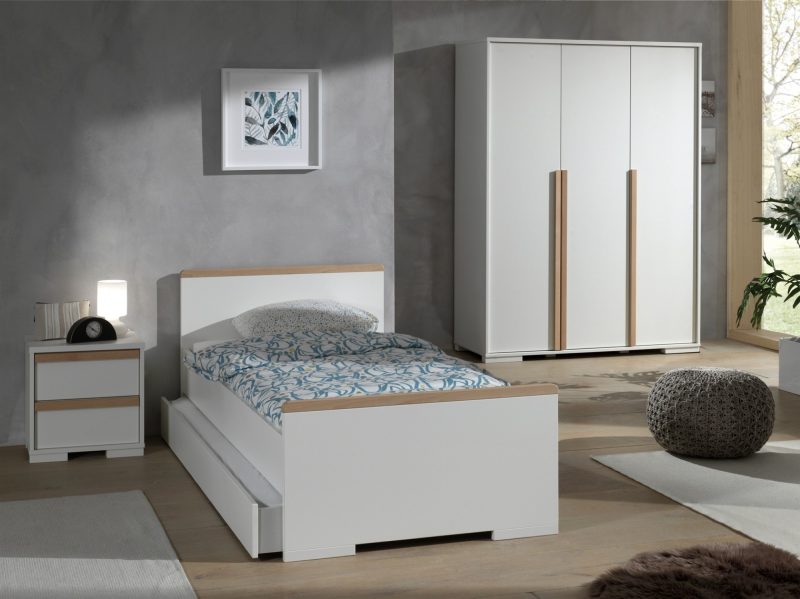 London lot avec lit (90x200cm) avec tiroir, chevet et garde-robe 3 portes en blanc - Image 2