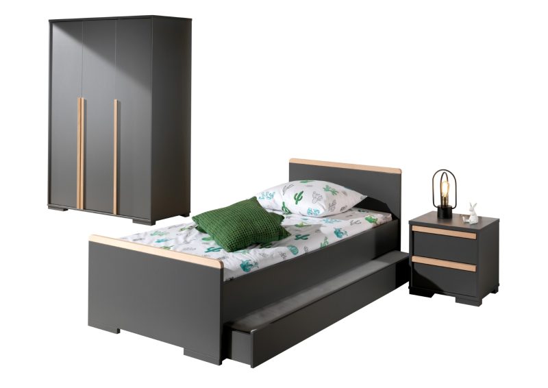 London  lot avec lit (90x200cm) avec tiroir, chevet et garde-robe 3 portes en anthracite