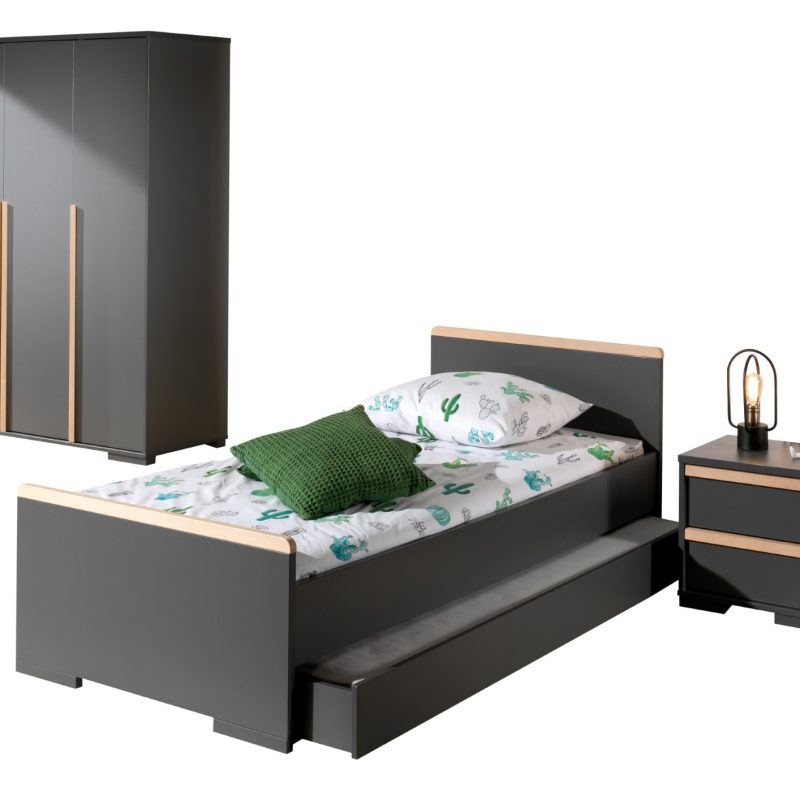 London  lot avec lit (90x200cm) avec tiroir, chevet et garde-robe 3 portes en anthracite