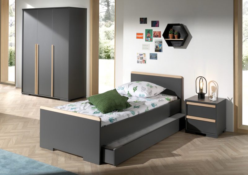 London  lot avec lit (90x200cm) avec tiroir, chevet et garde-robe 3 portes en anthracite - Image 2