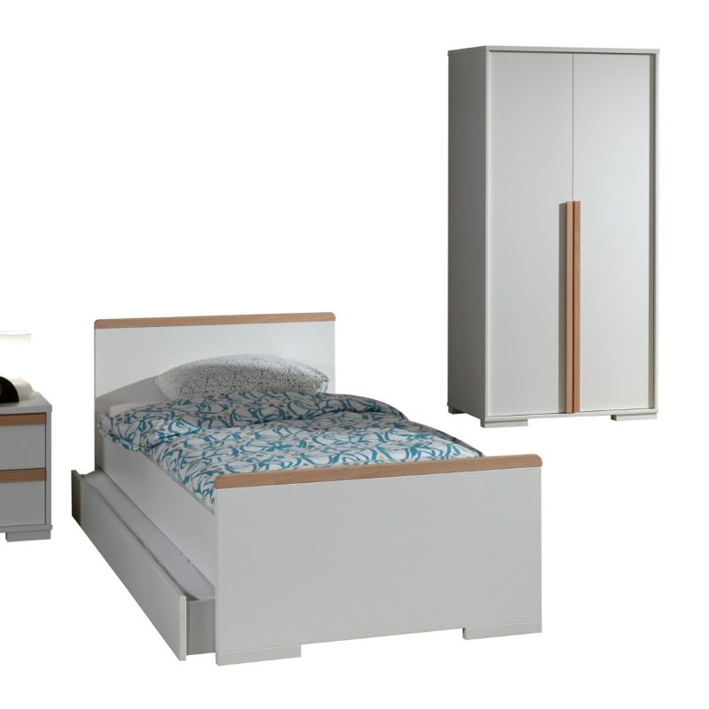 London lot avec lit (90x200cm) avec tiroir, chevet et garde-robe 2 portes en blanc