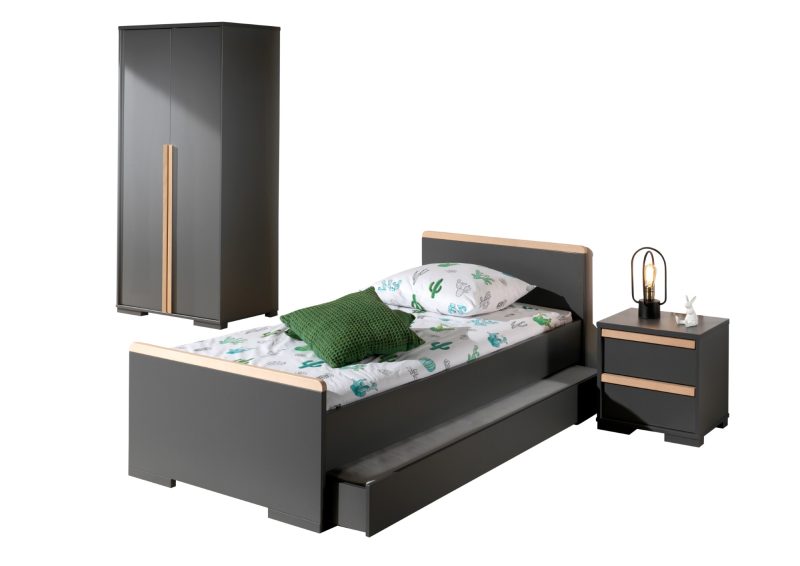London lot avec lit (90x200cm) avec tiroir, chevet et garde-robe 2 portes en anthracite