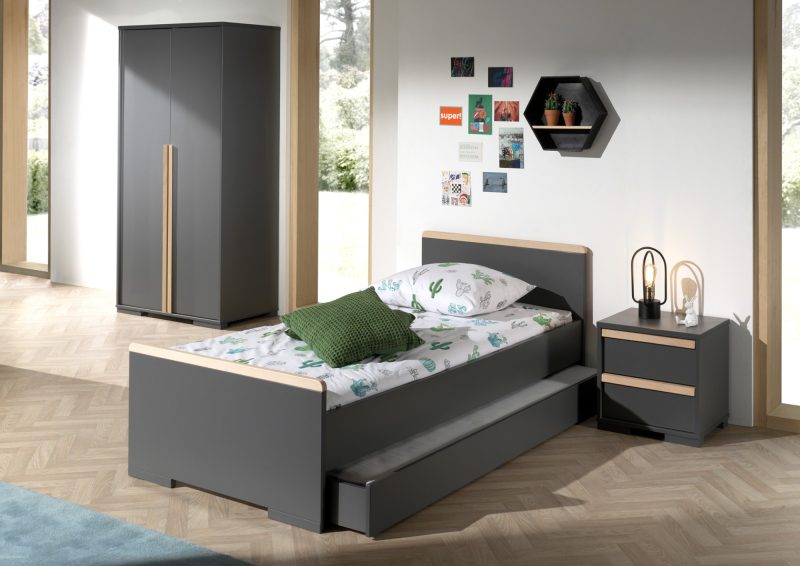 London lot avec lit (90x200cm) avec tiroir, chevet et garde-robe 2 portes en anthracite - Image 2