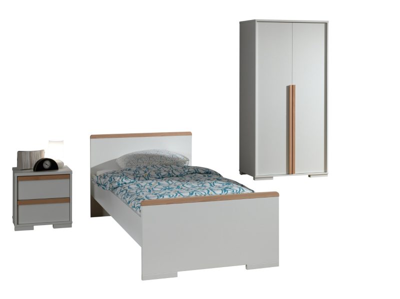 London lot avec un lit (90x200cm) avec chevet et garde-robe 2 portes en blanc