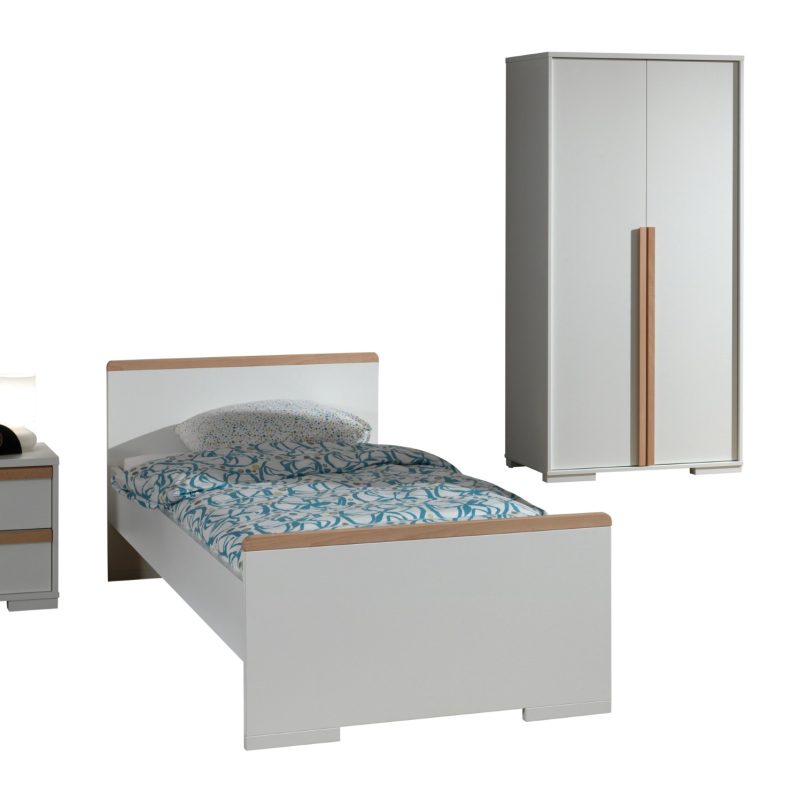 London lot avec un lit (90x200cm) avec chevet et garde-robe 2 portes en blanc