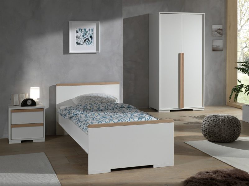 London lot avec un lit (90x200cm) avec chevet et garde-robe 2 portes en blanc - Image 2
