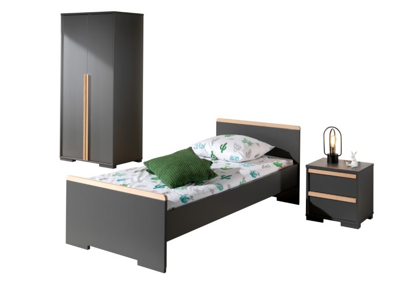London lot avec lit (90x200cm) avec chevet et garde-robe 2 portes  en anthracite