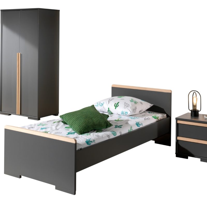 London lot avec lit (90x200cm) avec chevet et garde-robe 2 portes  en anthracite