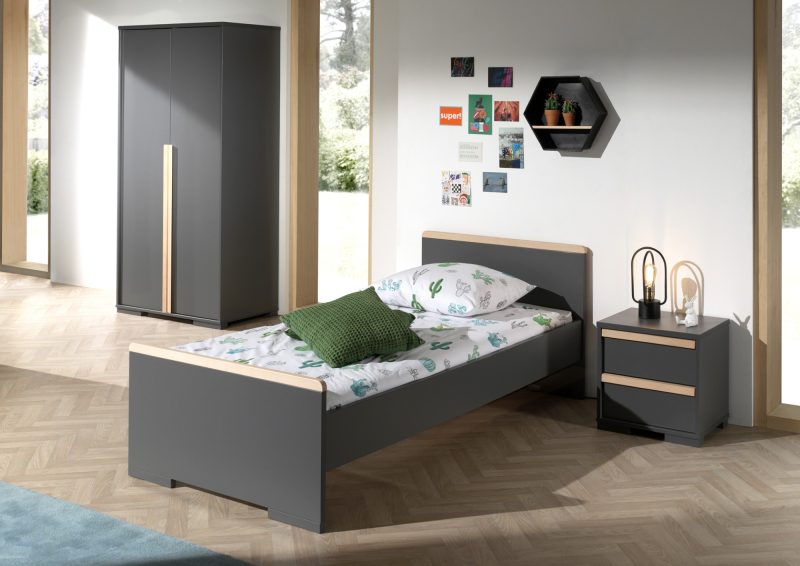 London lot avec lit (90x200cm) avec chevet et garde-robe 2 portes  en anthracite - Image 2