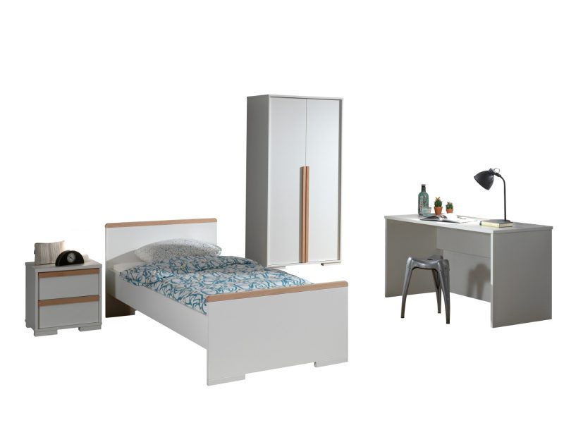 London lot avec lit (90x200cm) avec chevet, garde-robe 2 portes et un bureau en blanc