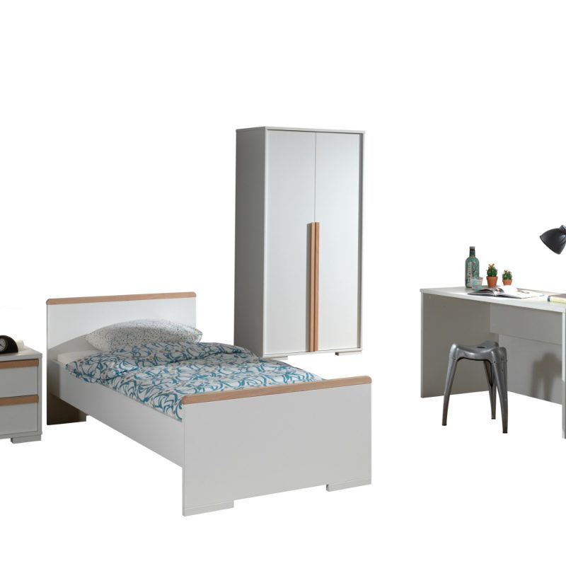 London lot avec lit (90x200cm) avec chevet, garde-robe 2 portes et un bureau en blanc