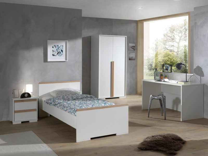 London lot avec lit (90x200cm) avec chevet, garde-robe 2 portes et un bureau en blanc - Image 2