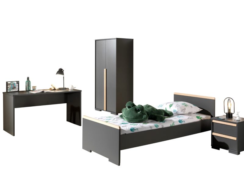 London lot avec  lit (90x200cm) avec chevet, garde-robe 2 portes et un bureau en anthracite