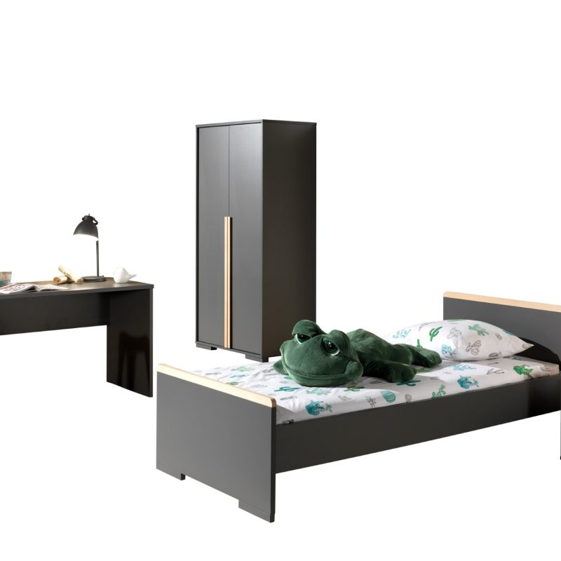 London lot avec  lit (90x200cm) avec chevet, garde-robe 2 portes et un bureau en anthracite