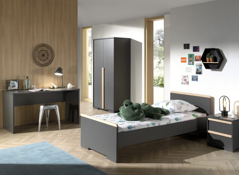 London lot avec  lit (90x200cm) avec chevet, garde-robe 2 portes et un bureau en anthracite - Image 2