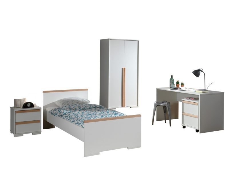 London lot avec lit (90x200cm) avec chevet, garde-robe 2 portes et un bureau avec caisson en blanc