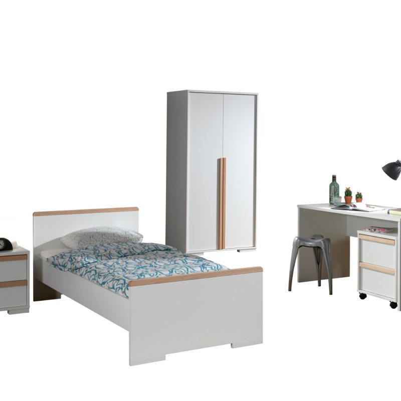London lot avec lit (90x200cm) avec chevet, garde-robe 2 portes et un bureau avec caisson en blanc