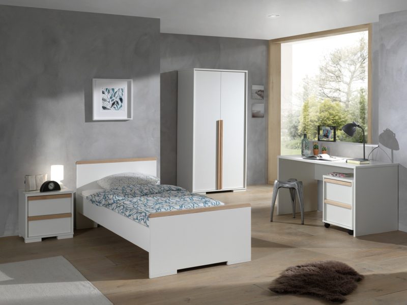 London lot avec lit (90x200cm) avec chevet, garde-robe 2 portes et un bureau avec caisson en blanc - Image 2