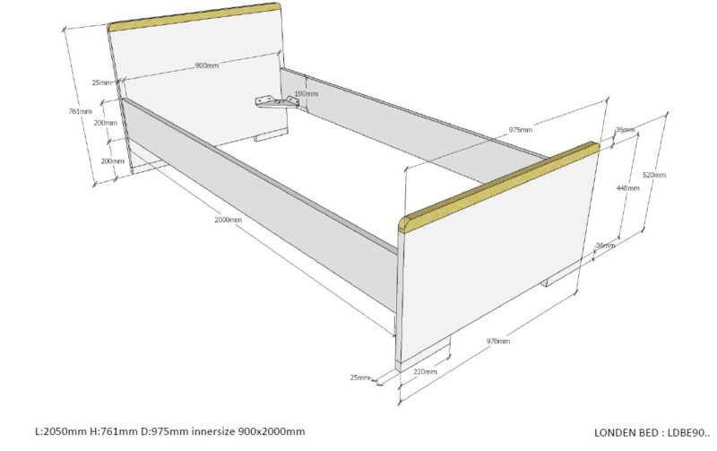 London lot avec lit (90x200cm) avec chevet, garde-robe 2 portes et un bureau avec caisson en blanc - Image 5