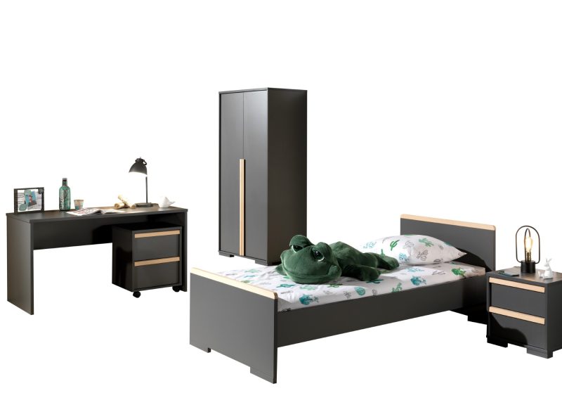 London lot avec lit (90x200cm) avec chevet, garde-robe 2 portes et un bureau avec caisson en anthracite