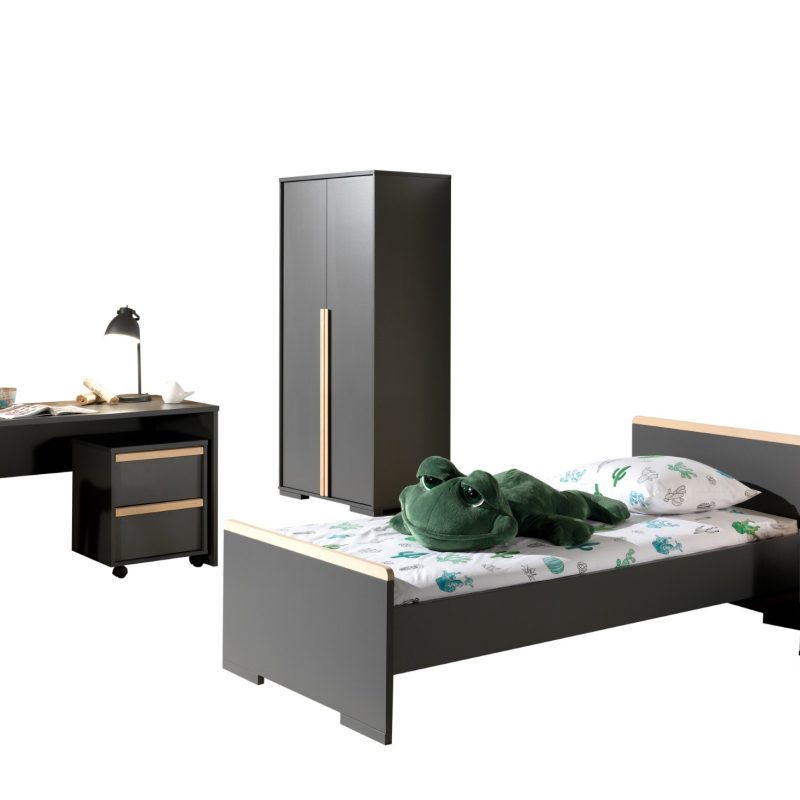 London lot avec lit (90x200cm) avec chevet, garde-robe 2 portes et un bureau avec caisson en anthracite