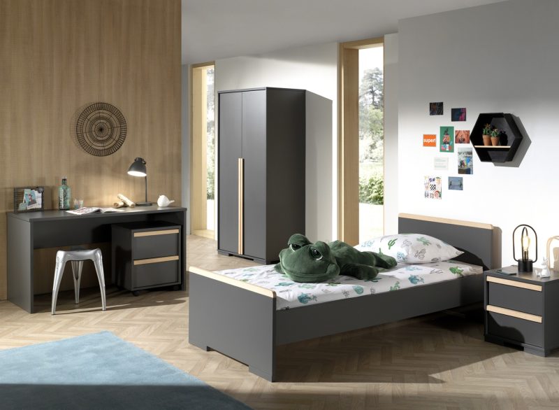 London lot avec lit (90x200cm) avec chevet, garde-robe 2 portes et un bureau avec caisson en anthracite - Image 2