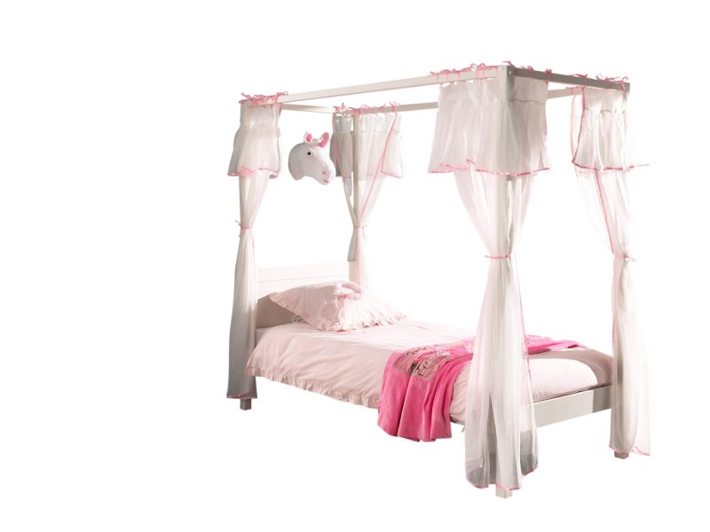 Lit à baldaquin nostalgique (90 x 200cm), avec sommier à lattes et tringles de ciel, y compris set textile romantique, couleur blanche