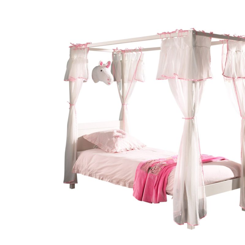 Lit à baldaquin nostalgique (90 x 200cm), avec sommier à lattes et tringles de ciel, y compris set textile romantique, couleur blanche