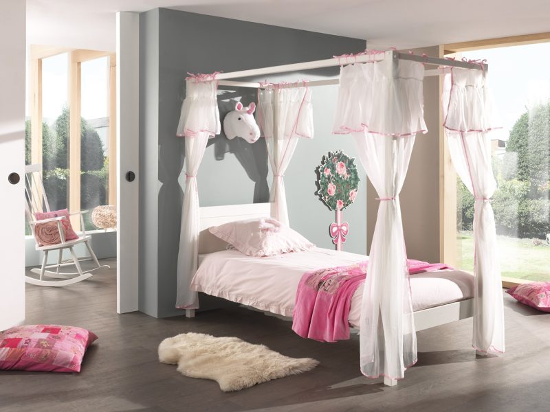 Lit à baldaquin nostalgique (90 x 200cm), avec sommier à lattes et tringles de ciel, y compris set textile romantique, couleur blanche - Image 2