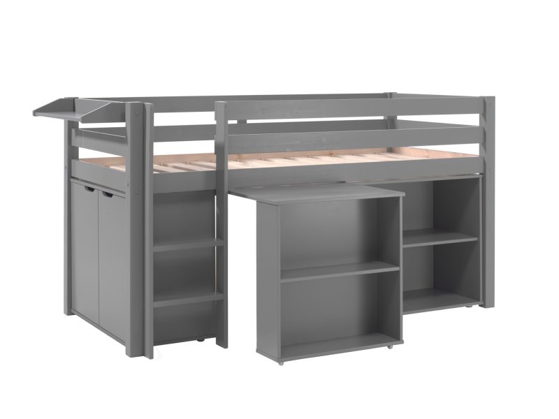 Pino lot avec lit compact gris, bureau, bibliothèque gris , commode 2portes, tablette penderie en gris