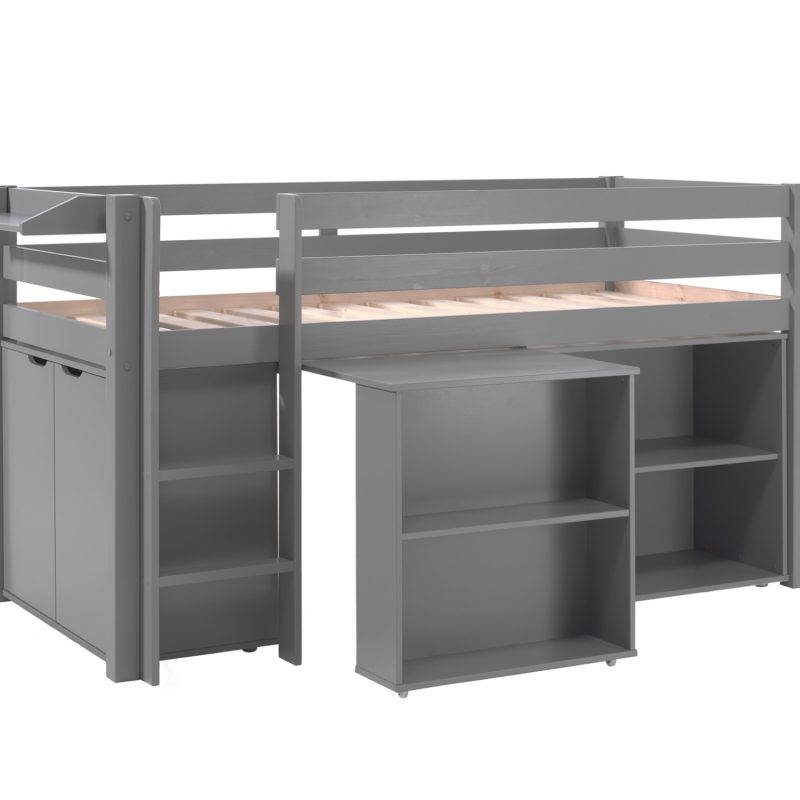 Pino lot avec lit compact gris, bureau, bibliothèque gris , commode 2portes, tablette penderie en gris