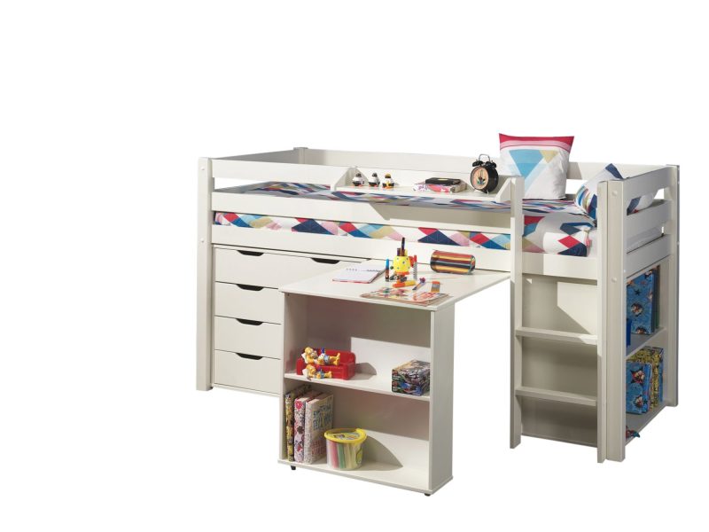 Pino lot avec lit compact, bureau, bibliothèque, commode 4 tiroirs et tablette penderie blanc