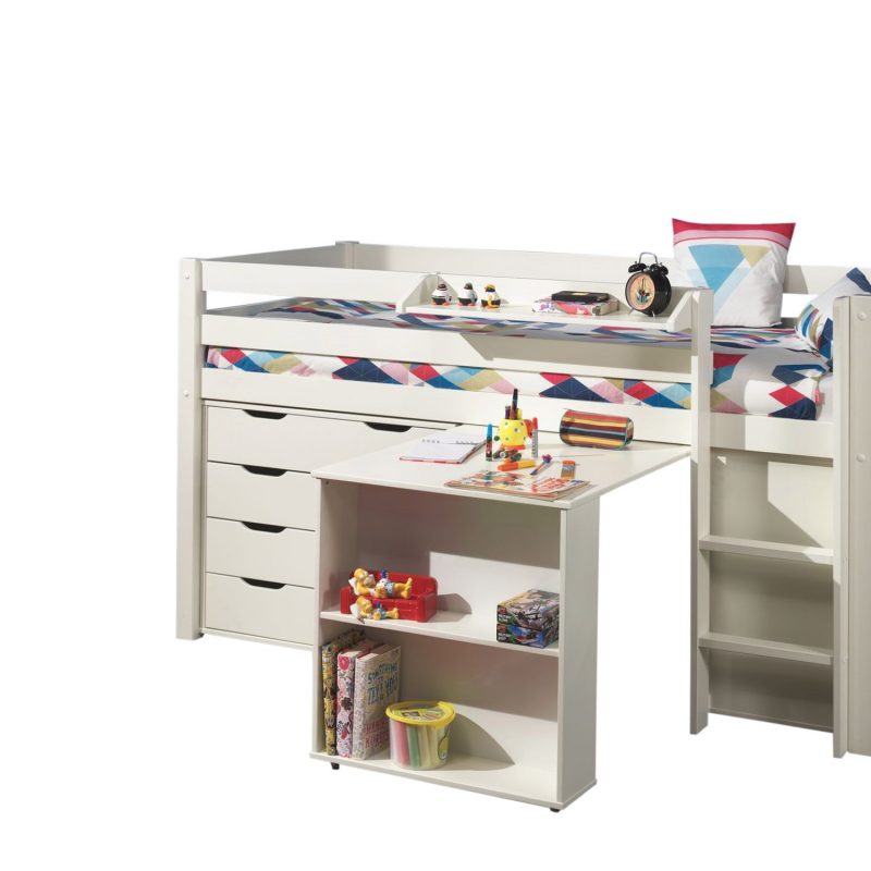 Pino lot avec lit compact, bureau, bibliothèque, commode 4 tiroirs et tablette penderie blanc
