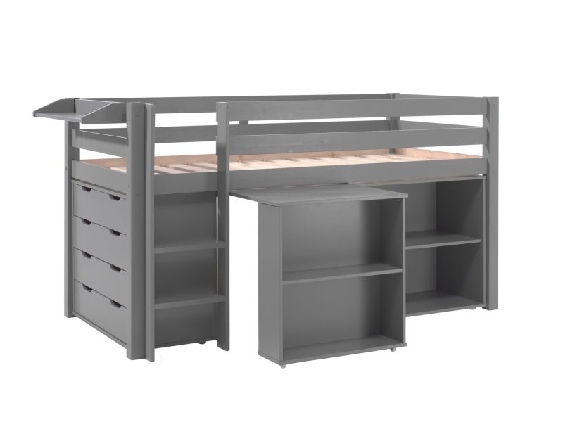 Pino lot avec lit compact, bureau, bibliothèque gris, commode 4 tiroirs, pino tablette penderie en gris