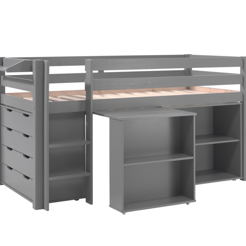 Pino lot avec lit compact, bureau, bibliothèque gris, commode 4 tiroirs, pino tablette penderie en gris