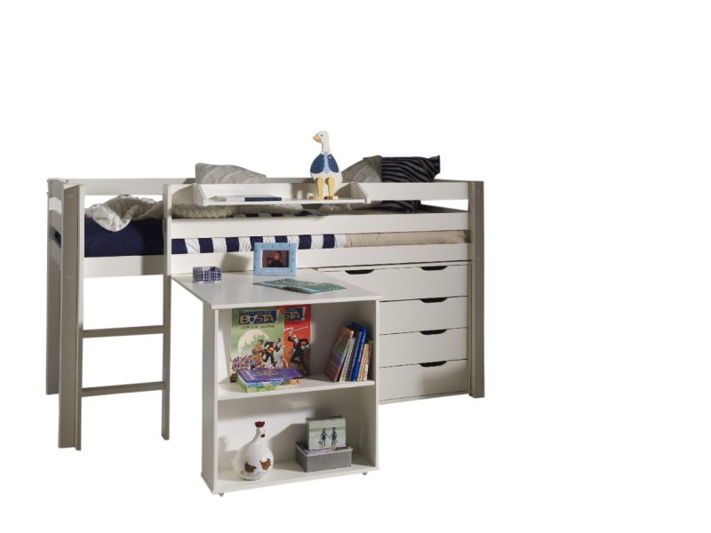 Pino lot avec lit compact, bureau, commode 4 tiroirs et tablette penderie blanc